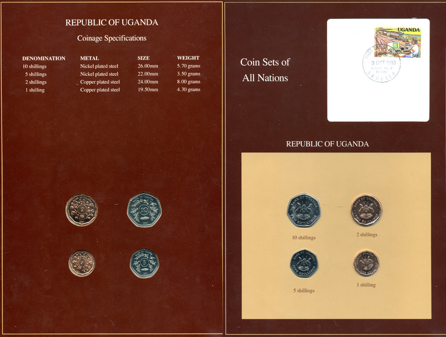 Уганда набор из 4 монет 1987 серия наборы мира, запайка в буклете с маркой    UNC  14-01-03-14