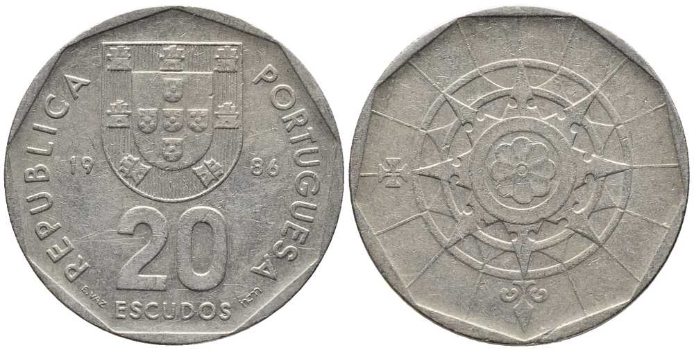 ПОРТУГАЛИЯ 20 ЭСКУДО 1986 INCM KM 634.1 медно-никель 38-332