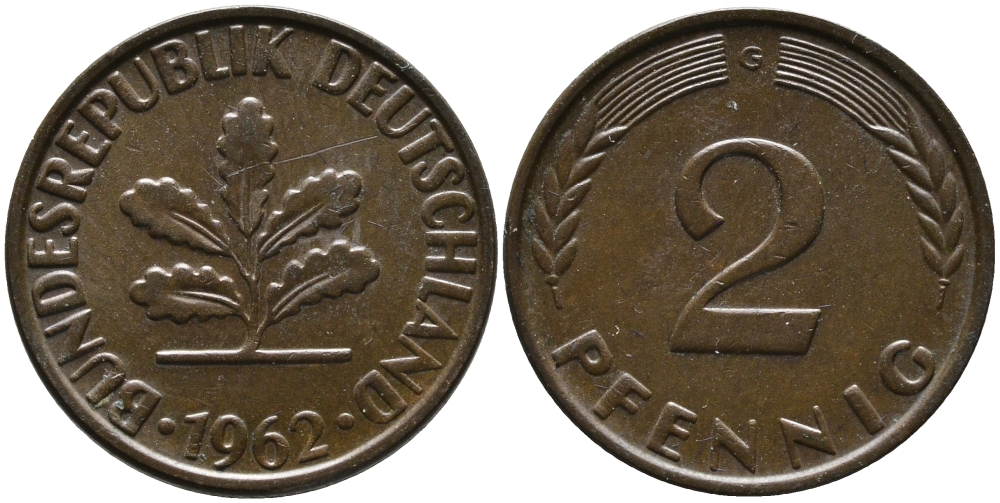 ФРГ 2 пфеннига 1962 G KM 106, J. 381 бронза 99-128