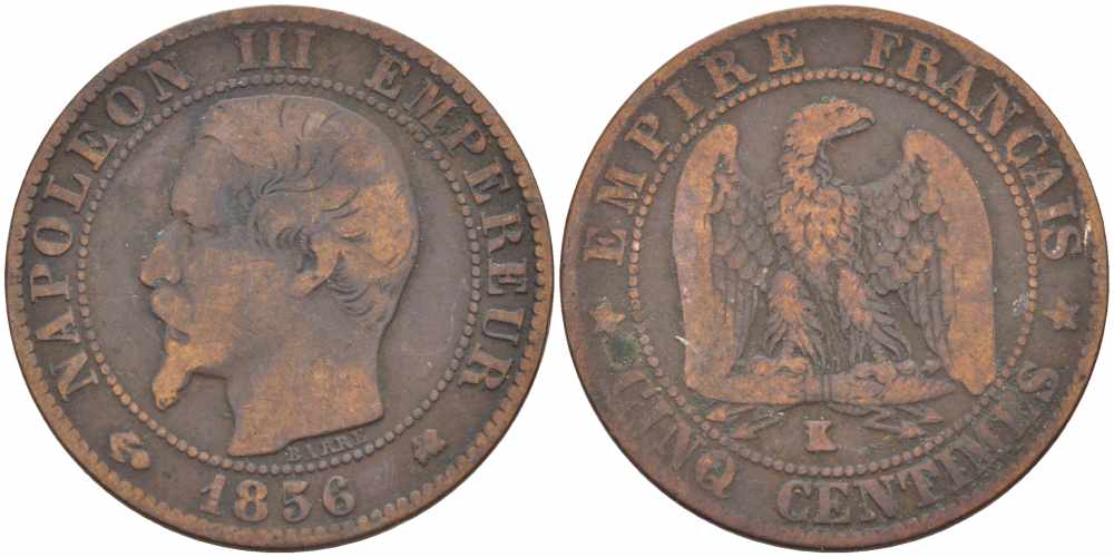 ФРАНЦИЯ 5 САНТИМОВ 1856 K, НАПОЛЕОН III (1852-1870) KM 777.5, LE FRANC 116.34 бронза 108-357