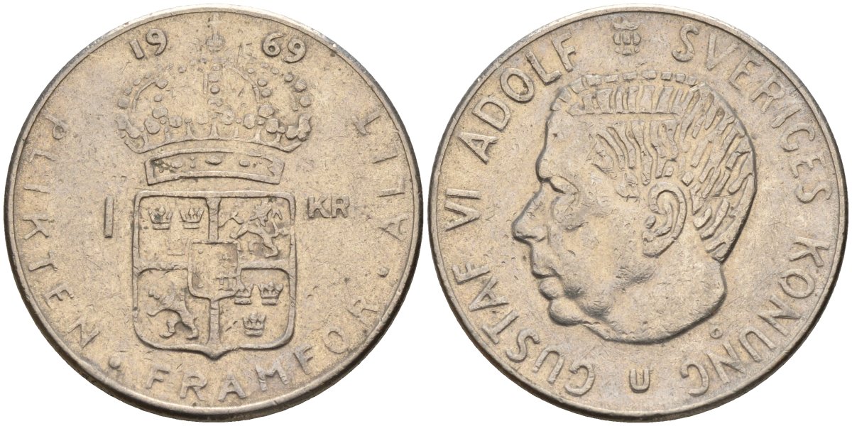 Швеция 1 крона 1969 U, Густав VI Адольф (1950-1973) KM 826a медь плакированный медно-никелем 4150-244