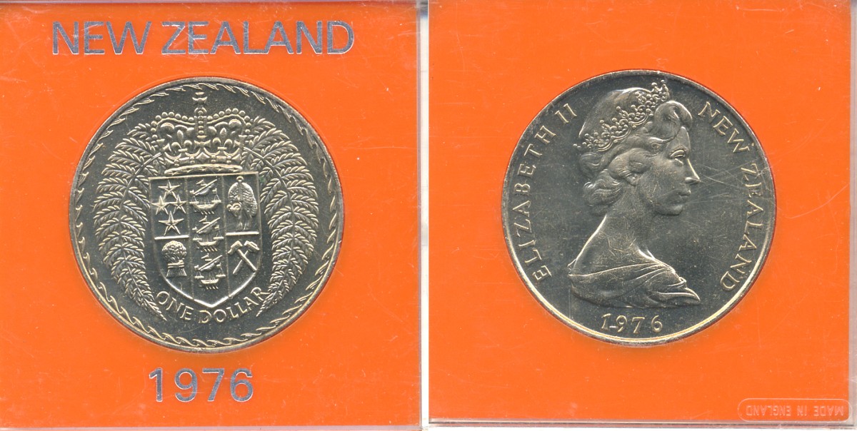Новая Зеландия 1 доллар 1976 герб Новой Зеландии, Елизавета II (1952-2022), в оригинальной пластиковой упаковке KM 38.2 медно-никель UNC 06-059-8