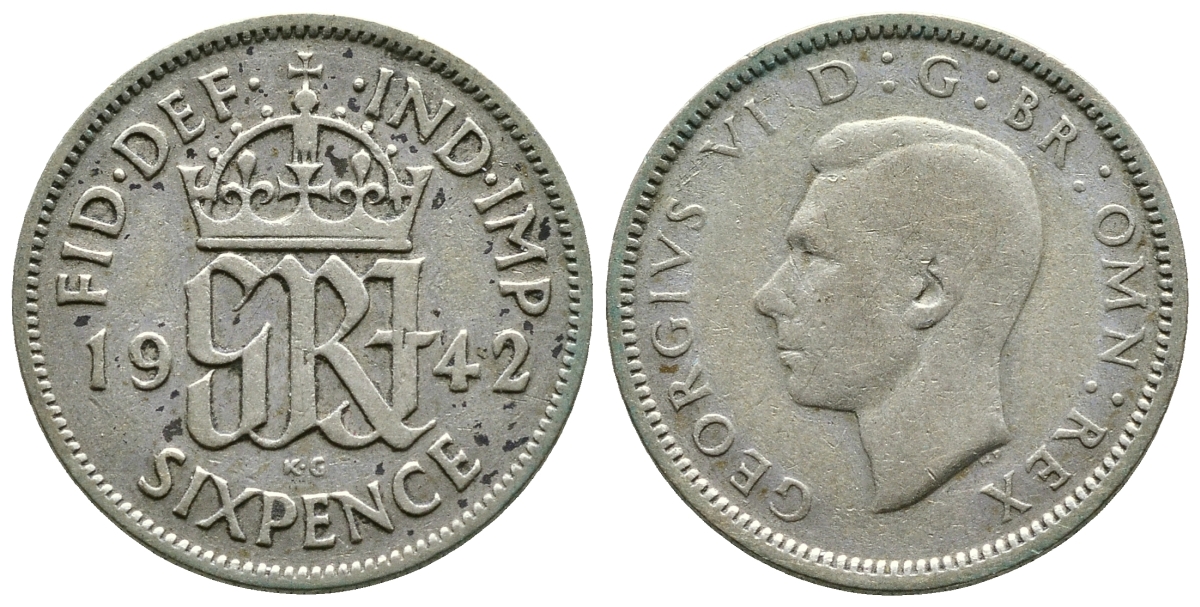 Великобритания 6 пенсов 1942 Георг VI (1936-1952) KM 852, Spink 4084 серебро 89-1726