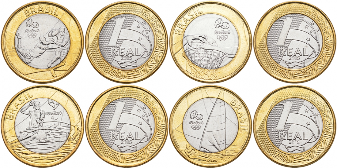 Бразилия набор из 4 монет по 1 реалу 2015 XXXI Олимпийские игры 2016 года в Рио-де-Жанейро (регби, гребля, регата, баскетбол) KM 707, 704, 705, 706 биметалл UNC 3459-652-655