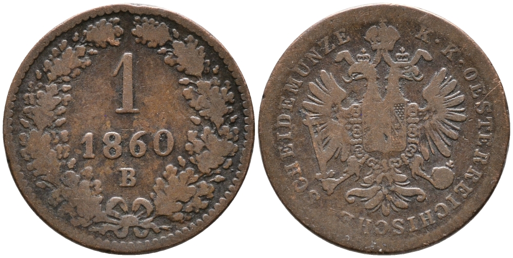 АВСТРИЯ 1 КРЕЙЦЕР 1860 В, SMALL EAGLE KM 2186 медь 100-518