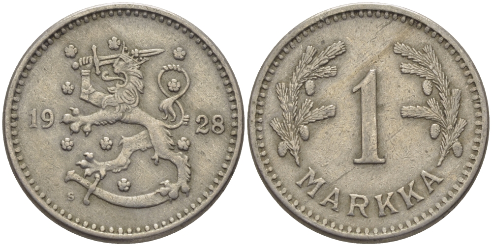 ФИНЛЯНДИЯ 1 МАРКА 1928 S KM 30 медно-никель 28-143