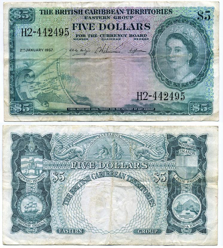 БРИТАНСКИЕ КАРИБСКИЕ ТЕРРИТОРИИ 5 ДОЛЛАРОВ 1957 Pick 9b бумага 451-253-2