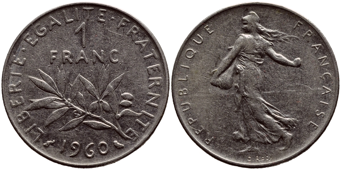 ФРАНЦИЯ 1 ФРАНК 1960 СЕЯТЕЛЬ KM 925.1, LE FRANC 226.4 никель 633-1022