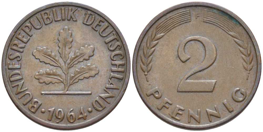 ФРГ 2 ПФЕННИГА 1964 F KM 106, J. 381 бронза 116-322