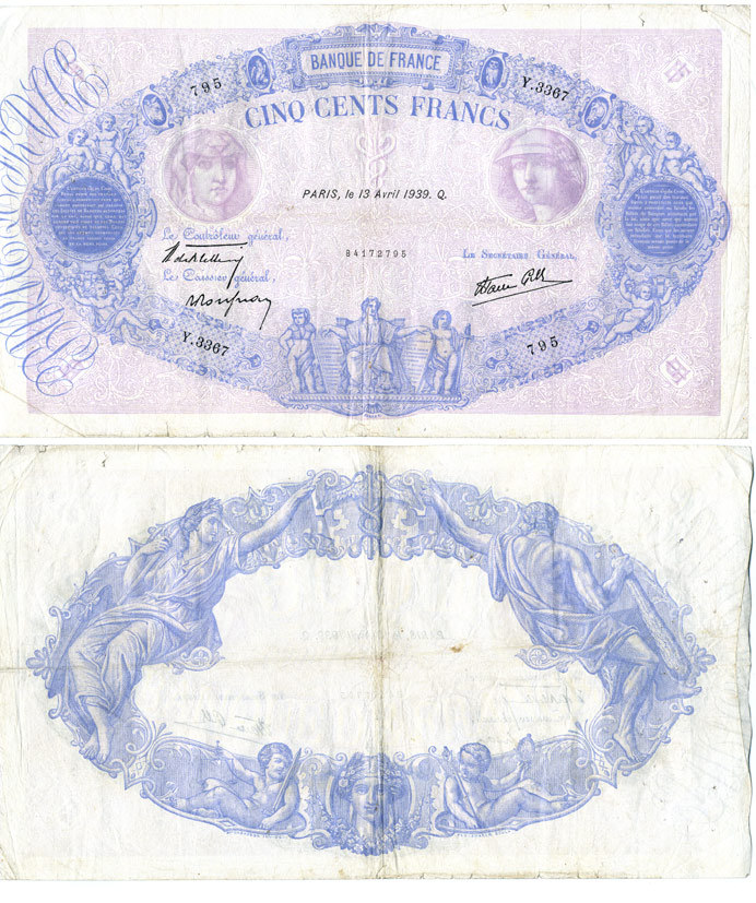 Франция 500 франков 1939 13 апреля 1939 Q Pick 88с бумага 434-3-1-1