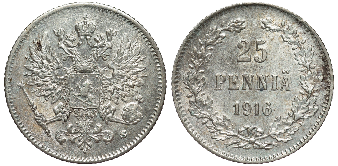 Россия для Финляндии 25 пенни 1916 S, Николай II (1894-1917) KM 6.2, Биткин 421 серебро 75-1247