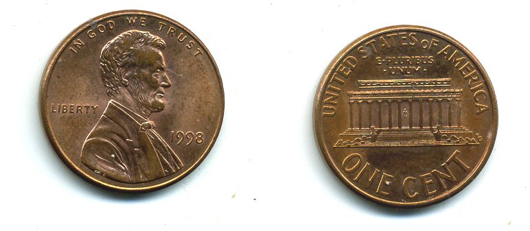 США 1 ЦЕНТ 1998 KM 201b цинк плакированный медью 4364-311