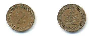 ФРГ 2 ПФЕННИГА 1969 D KM 106a, J.381a сталь плакированная сталь плакированная медьюю 54-2322