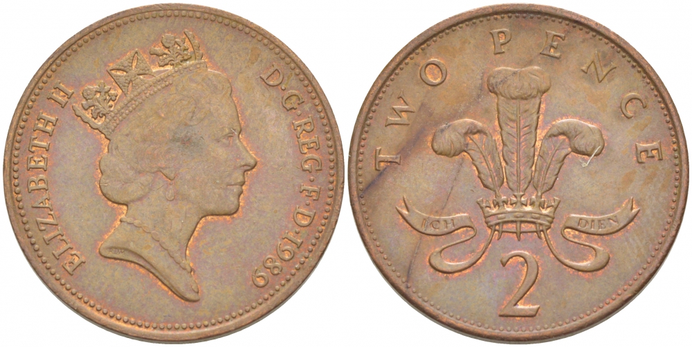 Великобритания 2 пенса 1989 Елизавета II (1952-2022) KM 936, Spink 4376 (C3) бронза 77-151