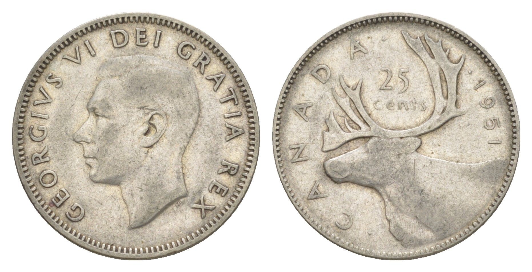 Канада 25 центов 1951 Георг V (1910-1936), олень KM 44 серебро 73-1341