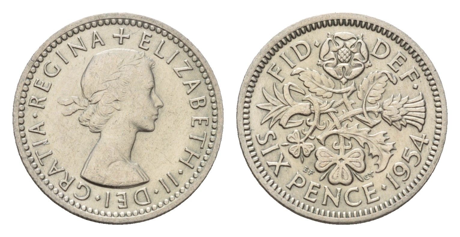 Великобритания 6 пенсов 1954 Елизавета II (1952-2022) KM 903, Spink 4149 медно-никель 4651-1151