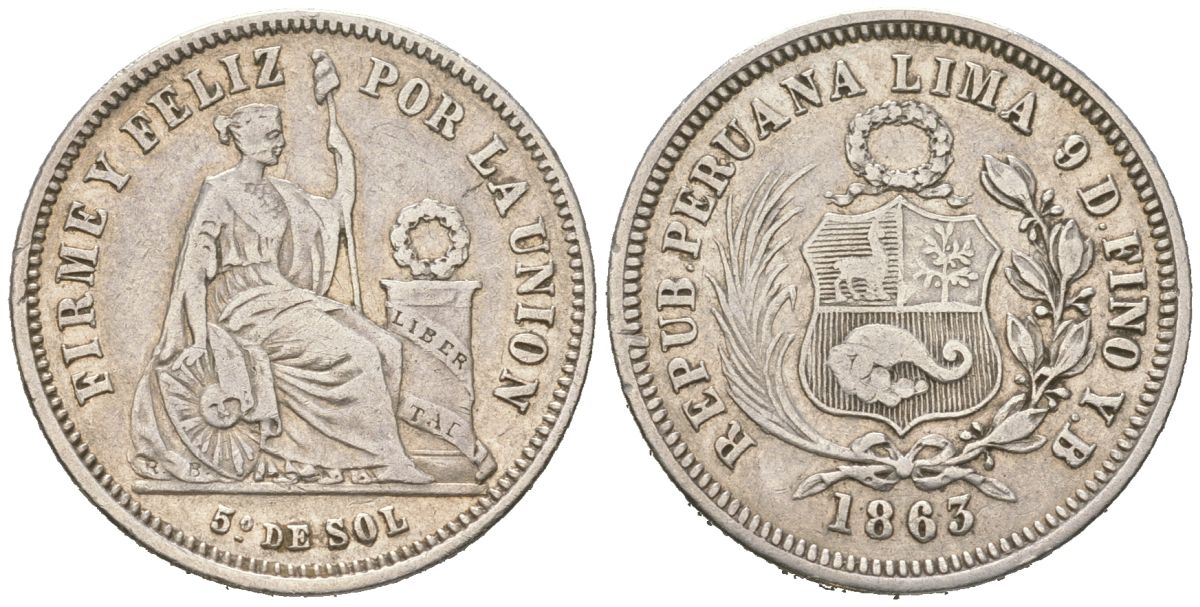 Перу 1/5 соль 1863 YB KM 191 серебро 34-611