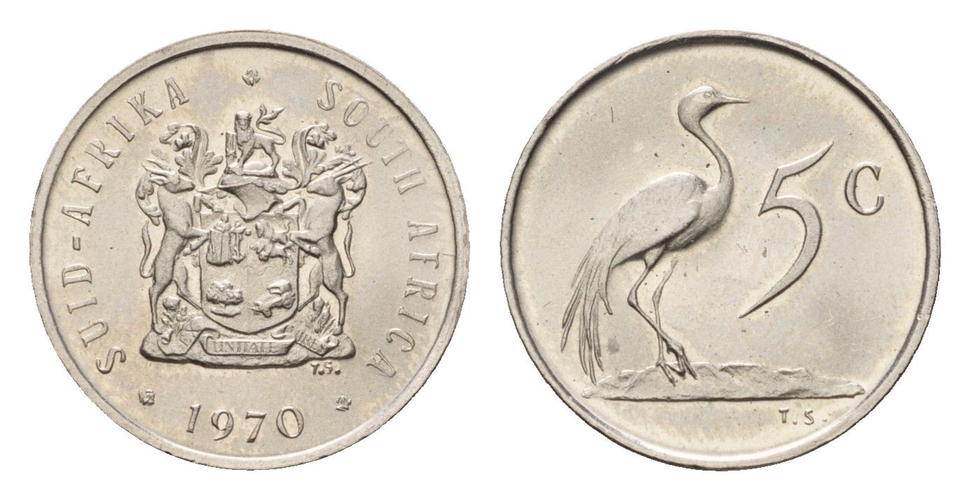ЮАР 5 центов 1970 герб, райский журавль KM 84 медно-никель UNC 4687-123