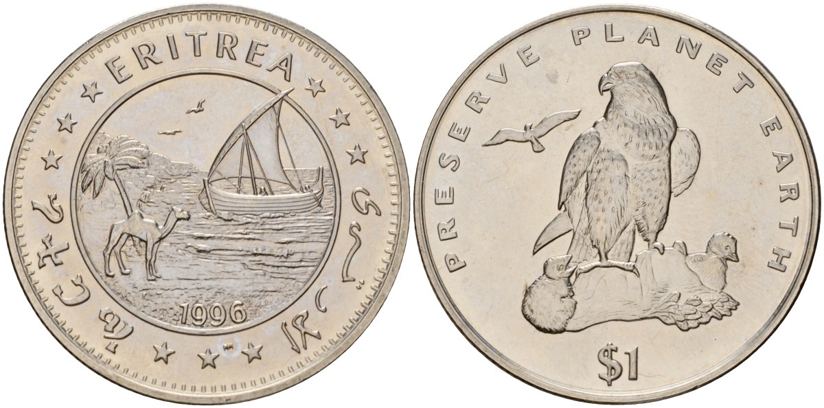 Эритрея 1 доллар 1996 берегите планету Земля, Средиземноморский сокол KM 37 медно-никель UNC 4125-913