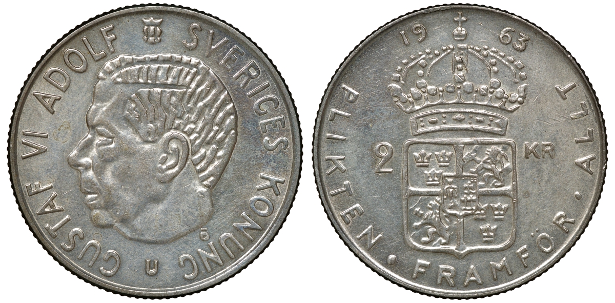 Швеция 2 кроны 1963 U, Густав VI Адольф (1950-1973) KM 827 серебро 4179-1336