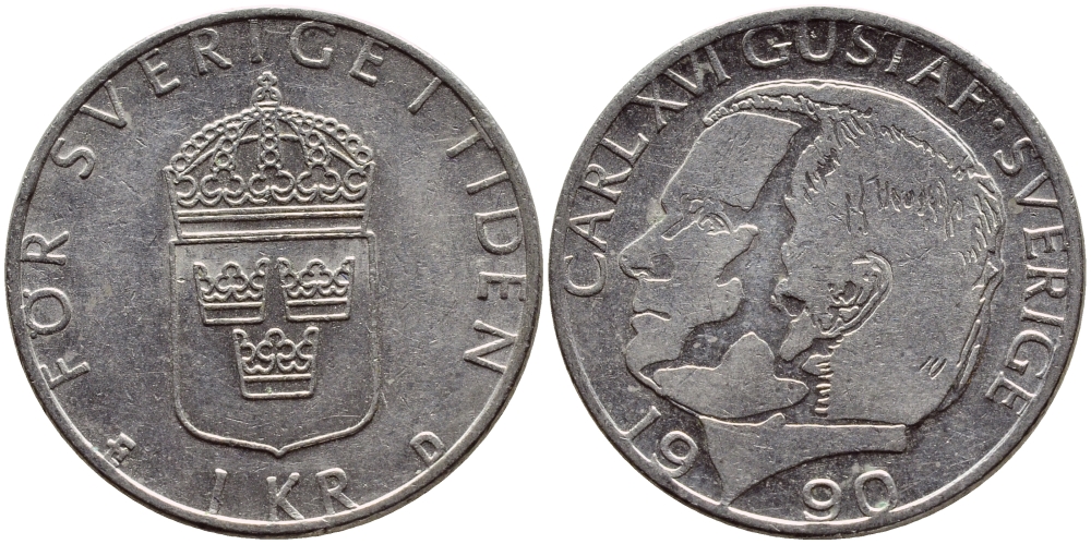 Швеция 1 крона 1990 Карл XVI Густав (1973- ) KM 852a медно-никель 4398-1244
