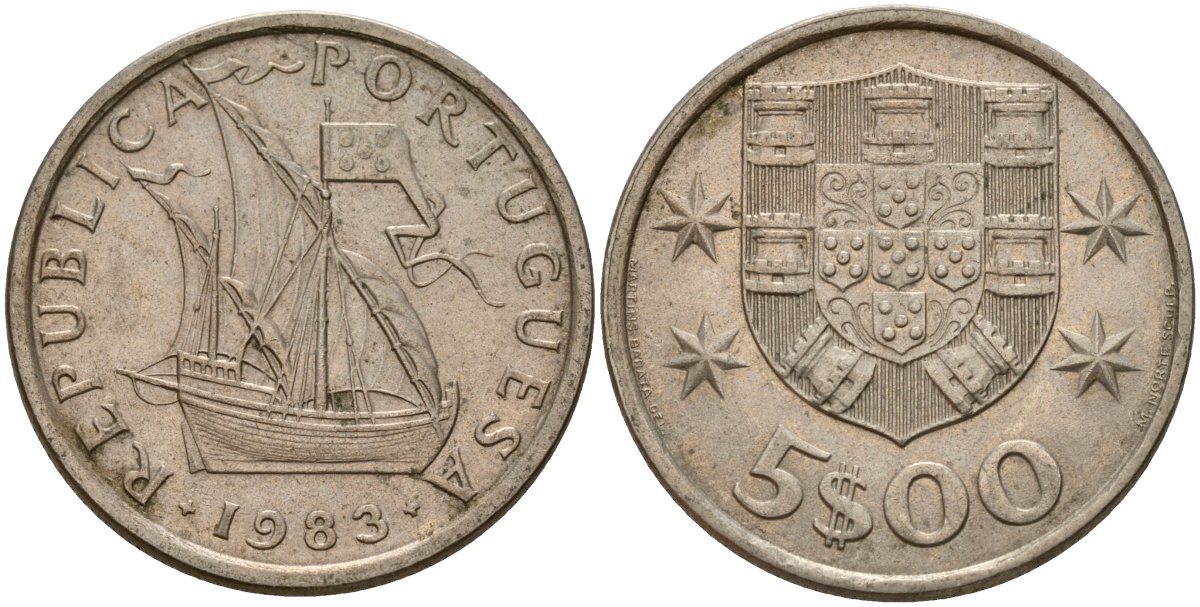 Португалия 5 эскудо 1983 KM 591 медно-никель 4156-554