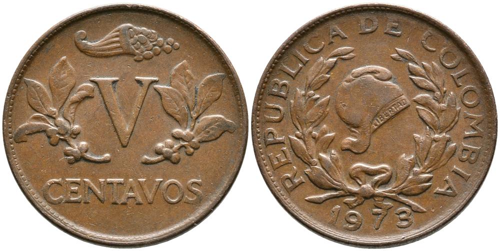 КОЛУМБИЯ 5 СЕНТАВО 1973 KM 206а сталь плакированная медью 3336-555