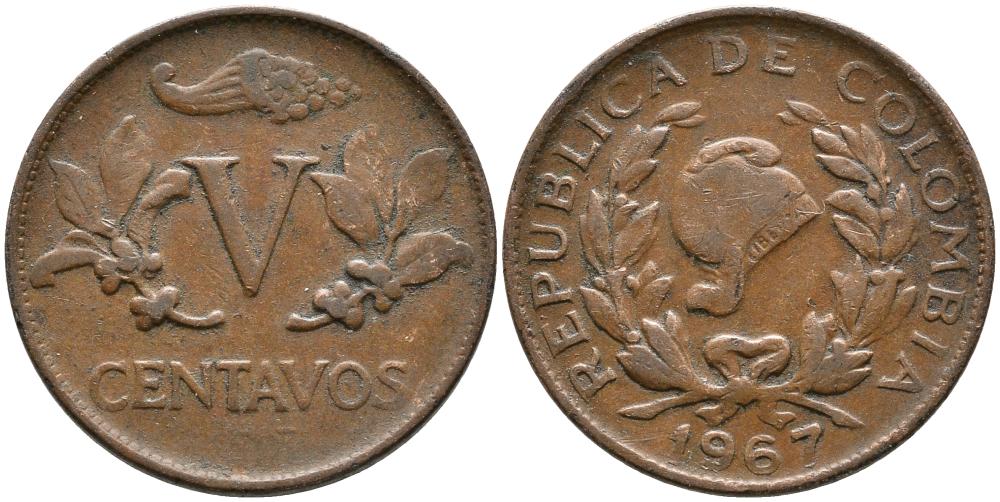 КОЛУМБИЯ 5 СЕНТАВО 1967 KM 206а сталь плакированная медью 3336-554