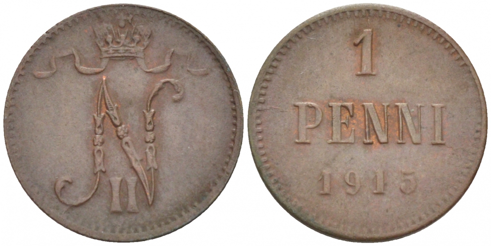 РОССИЯ ДЛЯ ФИНЛЯНДИИ 1 ПЕННИ 1915 НИКОЛАЙ II KM 13, Биткин 475 медь 4396-1424