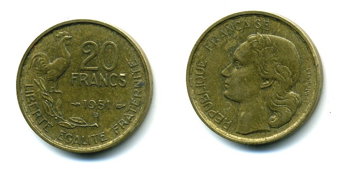 ФРАНЦИЯ 20 ФРАНКОВ 1951 B, ПЕТУХ, 4 ПЕРА KM 917.2, LE FRANC 402.8 алюминиевая бронза 25-2441