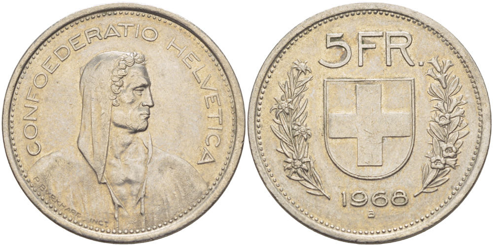 Швейцария 5 франков 1968 В, первый год KM 40а.1 медно-никель 79-226