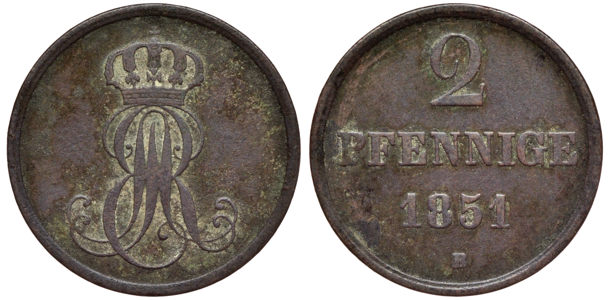 Ганновер 2 пфеннига 1851 B, Эрнст Август (1837-1851) KM 202.1, AKS 124, J. 75 медь 75-1952