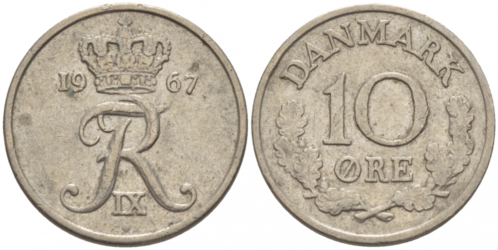 Дания 10 эре 1967 C; S, Фредерик IX (1947-1972) KM 849.1 медно-никель 3309-153