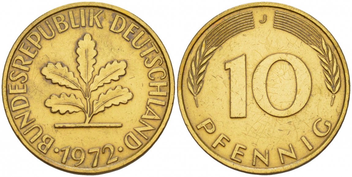 ФРГ 10 ПФЕННИГОВ 1972 J KM 108, J. 383 сталь плакированная латунью 4544-1132