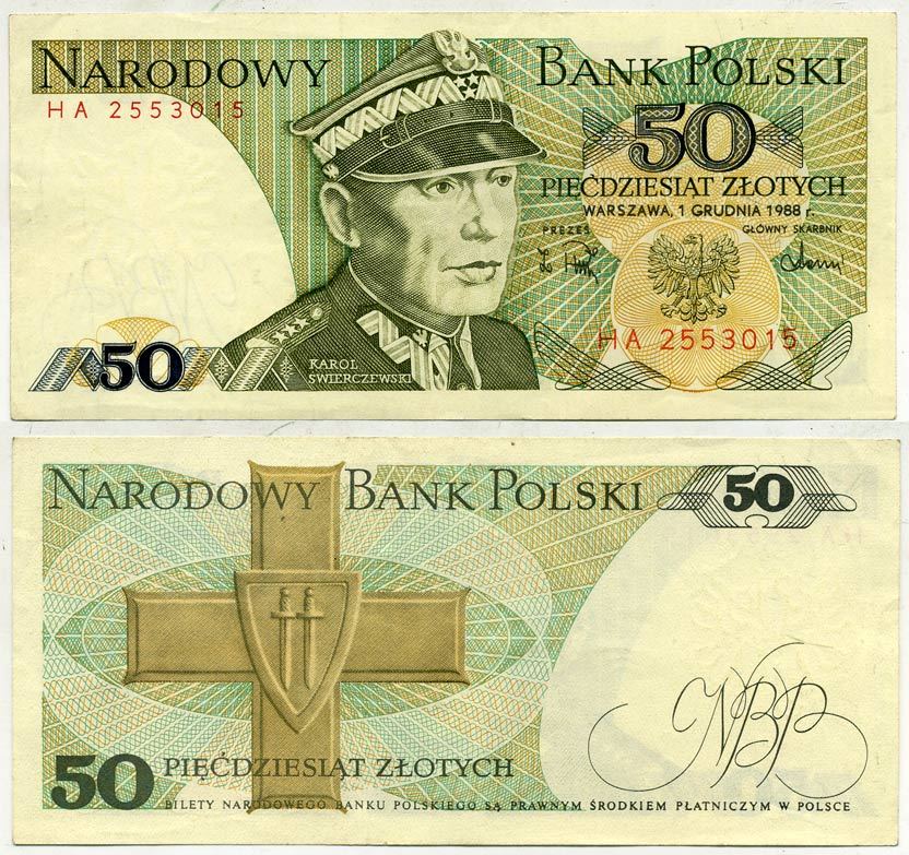 Польша 50 злотых 1988 Кароль Сверчевский, знак Грюнвальдского ордена Pick 142 c бумага 7218-38-1