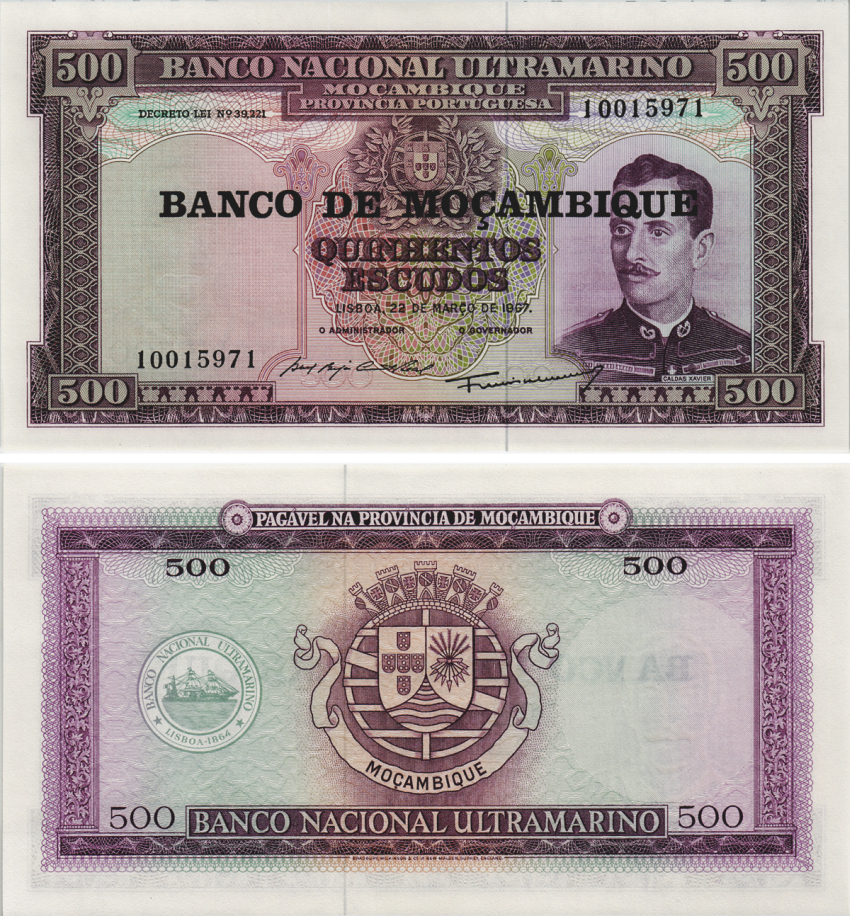 МОЗАМБИК ПОРТУГАЛЬСКИЙ 500 ЭСКУДО 1976 НАДПЕЧАТКА НА 1967, ПОРТРЕТ КАЛДАСА КСАВЬЕРА Pick 118а бумага UNC (ПРЕСС) 8604-1-3-1