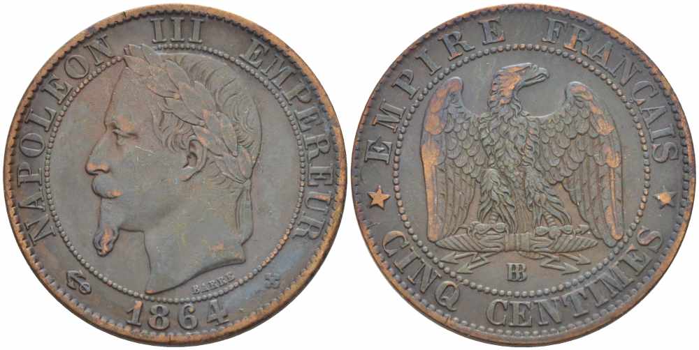 ФРАНЦИЯ 5 САНТИМОВ 1864 BB, НАПОЛЕОН III (1852-1870) KM 797.2, LE FRANC 117.12 бронза 108-553