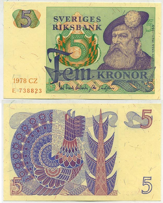 Швеция 5 крон 1978 CZ, Густав I Ваза Pick 51d бумага aUNC 444-87-3