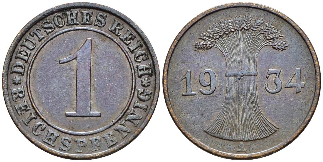 ГЕРМАНИЯ 1 РЕЙХСПФЕННИГ 1934 A KM 37, J. 313, Weege 2 бронза 4547-169