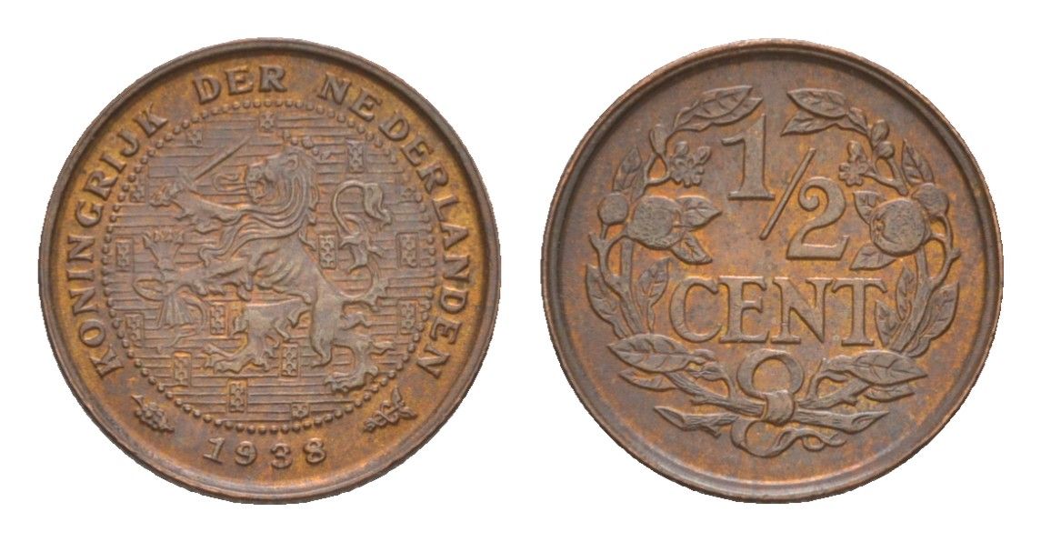Нидерланды 1/2 цента 1938 Вильгельмина (1890-1948) KM 138 бронза aUNC 4649-859