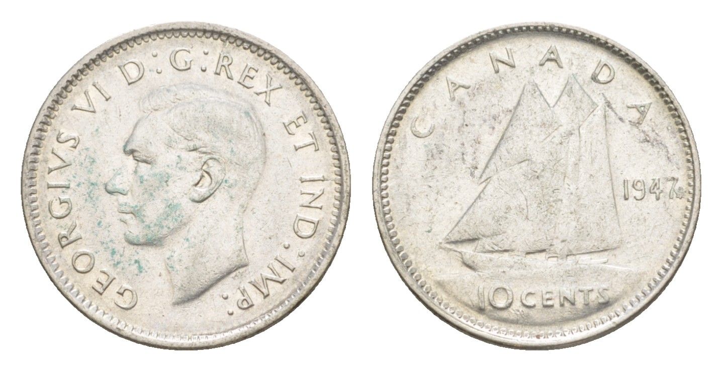 Канада 10 центов 1947 Leaf, Георг VI (1936-1952), парусник KM 34 серебро 4639-552