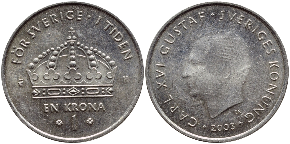 Швеция 1 крона 2003 Карл XVI Густав (1973- ) KM 894 медно-никель 4606-1027