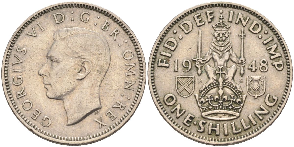 Великобритания 1 шиллинг 1948 Георг VI (1936-1952), Шотландский герб KM 864, Spink 4104 медно-никель 4126-353