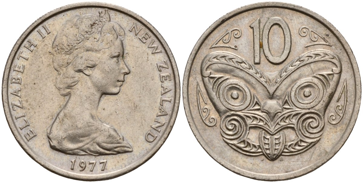 Новая Зеландия 10 центов 1977 Елизавета II (1952-2022), маска маори KM 41 медно-никель 4142-1211