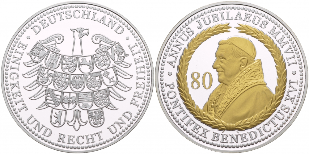 ФРГ МЕДАЛЬ 2007 80 ЛЕТ ПАПЕ БЕНЕДИКТУ XVI, позолота PROOF 1088-4-23