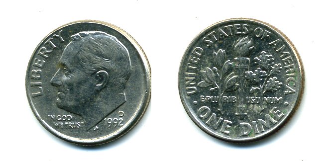 США 10 ЦЕНТОВ = 1 ДАЙМ 1992 P, РУЗВЕЛЬТ KM 195а медь плакированная медно-никелем 46-2525