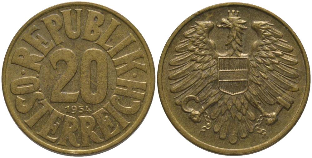 АВСТРИЯ 20 ШИЛЛИНГОВ 1954 KM 2887 алюминиевая бронза 181-231