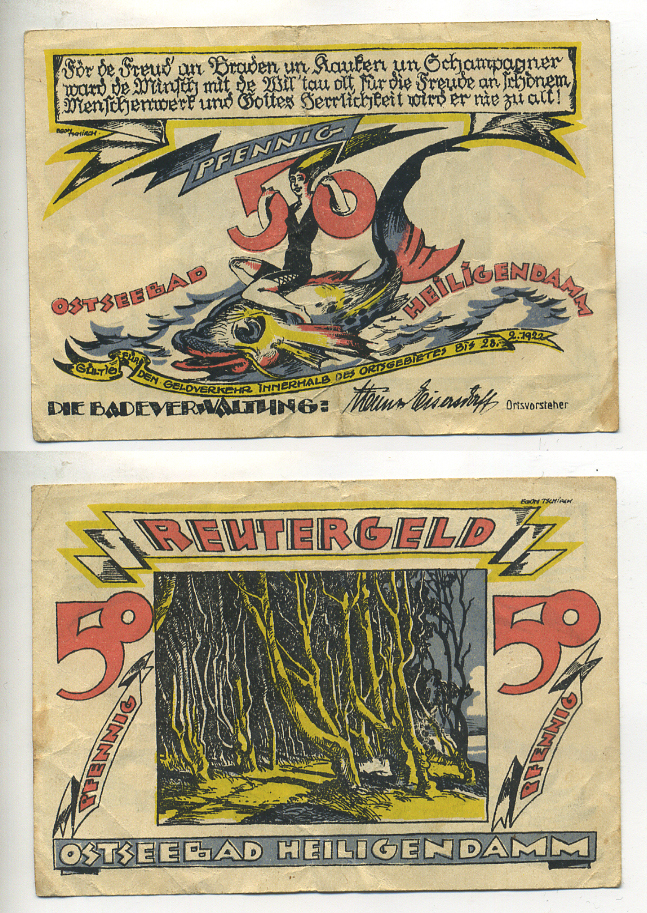 ОСТЗЕЕБАД-ХАЙЛИГЕНДАММ 50 ПФЕННИГОВ 1922 НОТГЕЛЬД, ЗЕМЛЯ МЕКЛЕНБУРГ бумага 7221-10-3