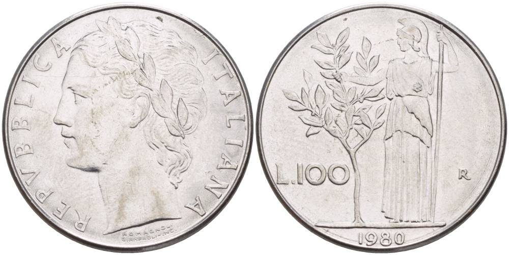 ИТАЛИЯ 100 ЛИР 1980 R, АФИНА У ОЛИВКОВОГО ДЕРЕВА KM 96.1 нержавеющая сталь 4545-721