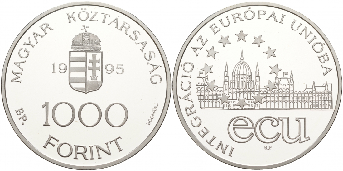 Венгрия 1000 форинтов 1995 европейский союз, здание венгерского парламента KM 720 серебро PROOF 11-039-22